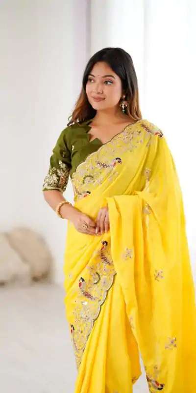 KP 3038 Yellow Soft Lichi Silk with Lace Border & Lace Work Saree . Special Price ₹1349. Delivery 4-6 Working Days. Shop now. | Bollywood Sarees, Creative Sarees, Designer Sarees, Embroidered Sarees, Ethnic Saree, Modern Digital sarees, Party Wear Sarees, Sarees