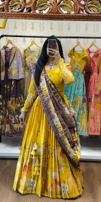 PC 539 Yellow Color Cotton Lehenga Choli with Kalamkari Print. Exclusive Offer ₹2049. Delivery 4-6 Working Days. Shop now. | Bollywood Lehenga, Creative Lehenga, Designer Lehenga, Embroidered Lehenga, Lehenga, Party Wear Lehenga