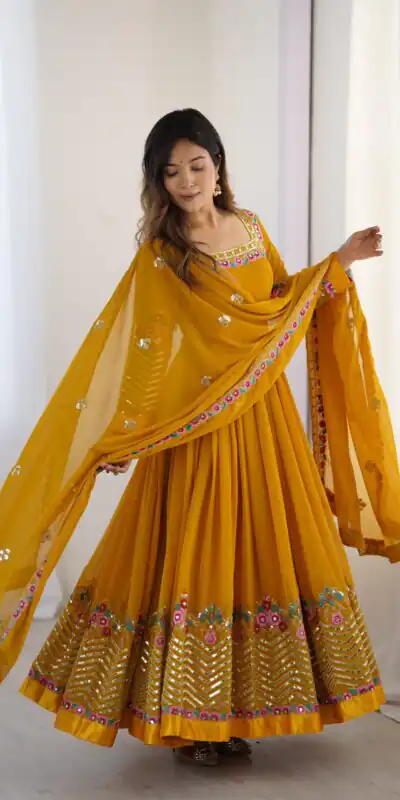 ZF 5010 Yellow Georgette Gown Perfect for Wedding, Party, Pooja, Ethnic Day, Karwa Chauth – . Best Price ₹2049. Delivery 4-6 Working Days. Shop now. | Designer Suits, Jump Suits, Casual Suits, Creative suits, Palazzo Suits, Party Wear Suits, Patiala Suits, Salwar suit, Straight Suits
