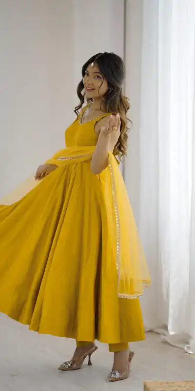 KB 285 Yellow in Roman Silk Chanderi Mirror Work & Lace Work Gown . Best Price ₹1929. Delivery 4-6 Working Days. Shop now. | Designer Suits, Jump Suits, Casual Suits, Creative suits, Palazzo Suits, Party Wear Suits, Patiala Suits, Salwar suit, Straight Suits