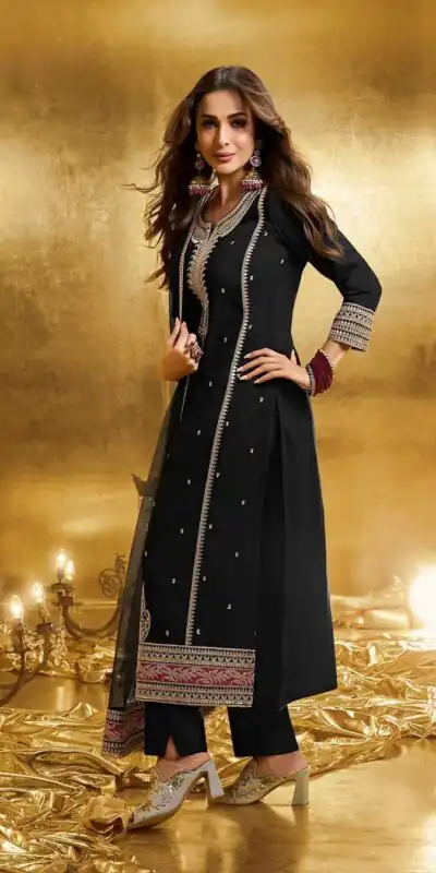 KF 1708 Black Faux Georgette Salwar Suit with Embroidery Work. Available at ₹1999 only. Delivery 4-6 Working Days. Shop now. | Designer Suits, Jump Suits, Tops & Bottoms, Track Suits, Trendy Wear, Casual Suits, Creative suits, Palazzo Suits, Party Wear Suits, Patiala Suits, Salwar suit, Straight Suits