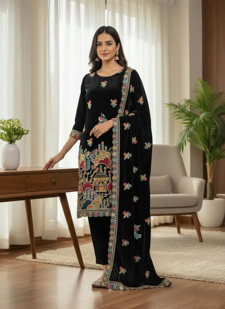 SRK 5220 Black Viscose Velvet Salwar Suit Perfect for Wedding, Party, Family Gatherings, Baby Shower, Mehendi – . Introductory Price ₹2099. Delivery 4 | Bollywood Lehenga, Creative Lehenga, Designer Lehenga, Embroidered Lehenga, Lehenga, Party Wear Lehenga