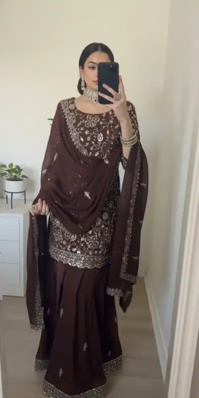 SRK 5304 Brown Heavy Faux Georgette Salwar Suit Perfect for Wedding, Party, Pooja, Makar Sankranti, Sangeet – . Affordable Price ₹1999. Delivery 4-6 W | Bollywood Lehenga, Creative Lehenga, Designer Lehenga, Embroidered Lehenga, Lehenga, Party Wear Lehenga