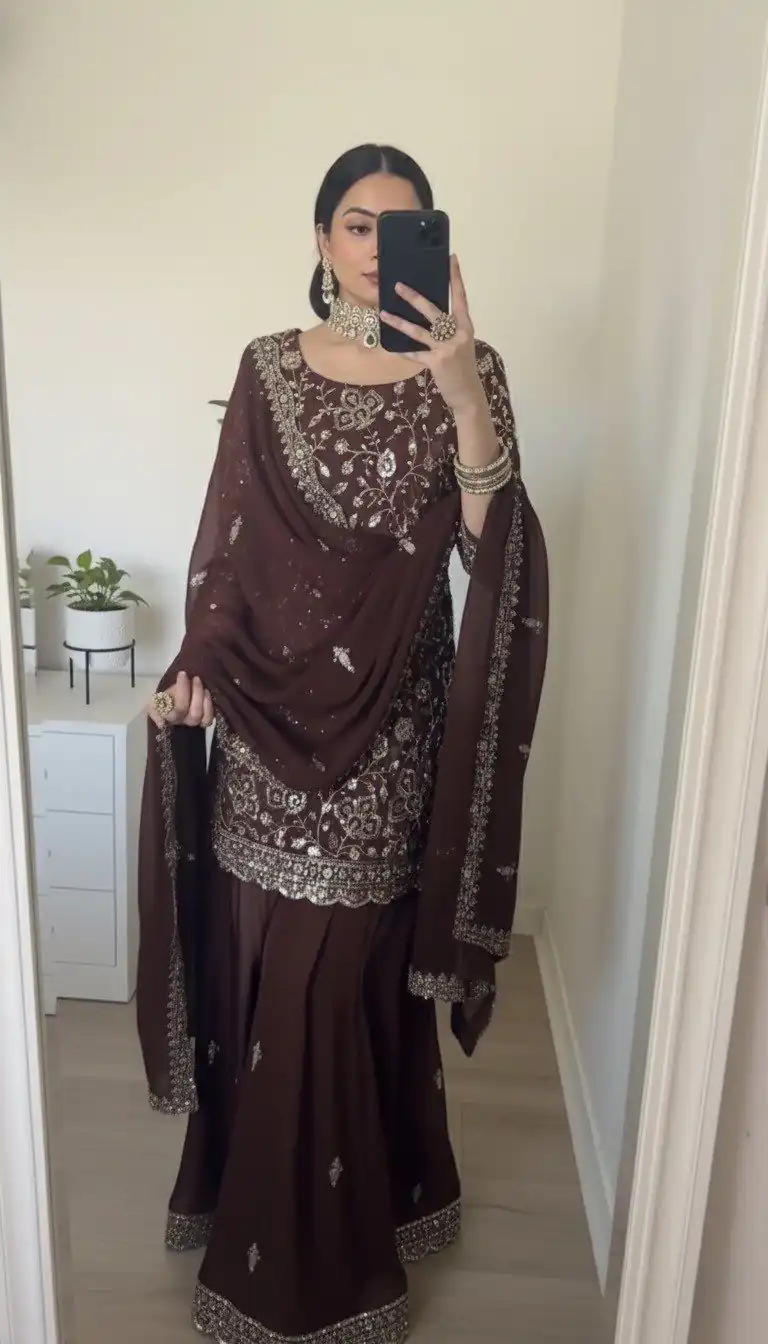 SRK 5304 Brown Heavy Faux Georgette Salwar Suit Perfect for Wedding, Party, Pooja, Makar Sankranti, Sangeet – . Affordable Price ₹1999. Delivery 4-6 W | Bollywood Lehenga, Creative Lehenga, Designer Lehenga, Embroidered Lehenga, Lehenga, Party Wear Lehenga