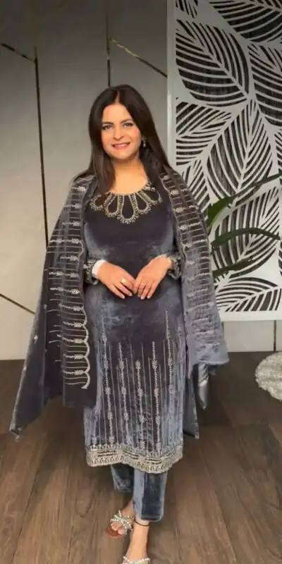SRK 5211 Grey in Viscose Velvet Embroidery Work & Lace Work Salwar Suit . Grab it for ₹1999. Delivery 4-6 Working Days. Shop now. | Designer Suits, Jump Suits, Tops & Bottoms, Track Suits, Trendy Wear, Casual Suits, Creative suits, Palazzo Suits, Party Wear Suits, Patiala Suits, Salwar suit, Straight Suits