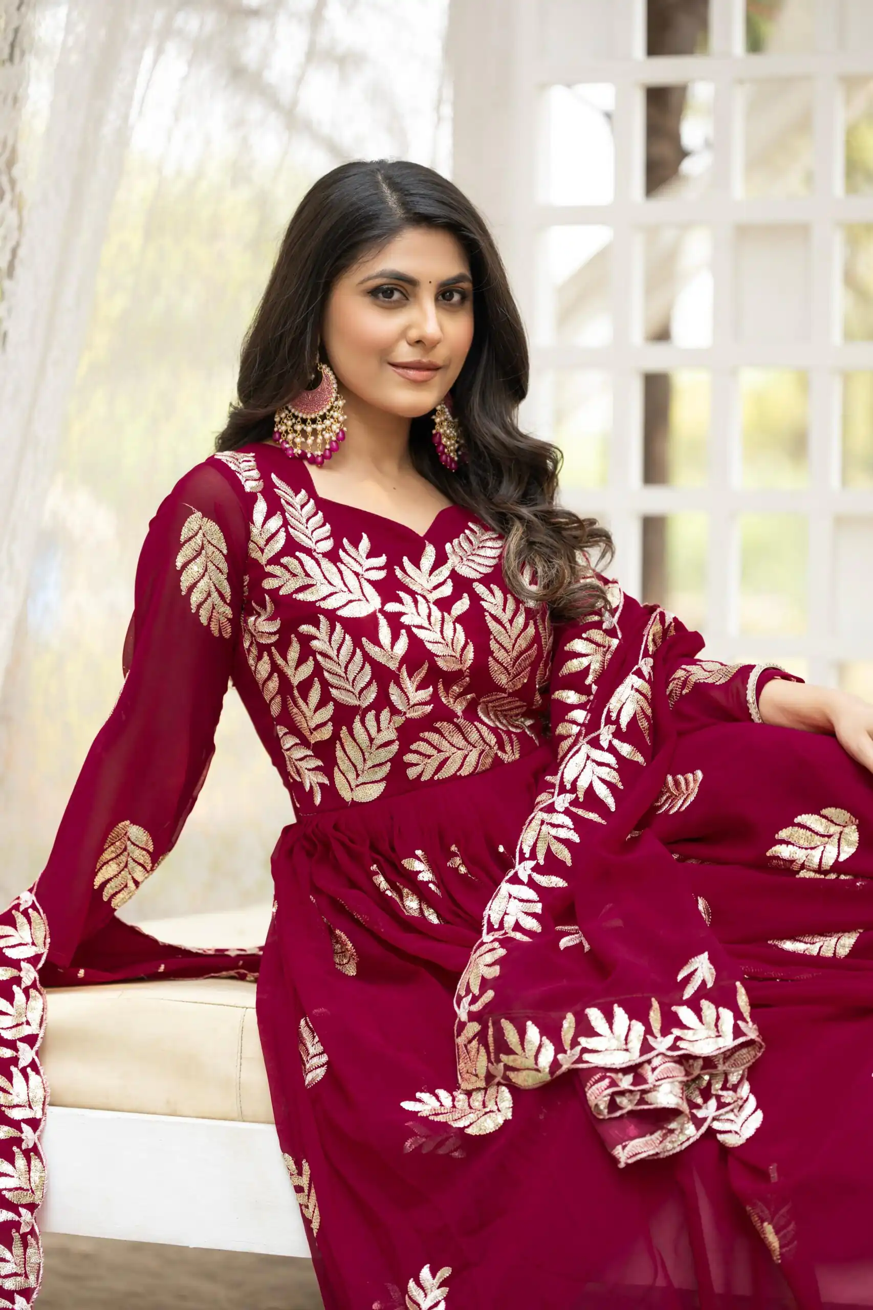 Ram 087 Maroon in Fox Georgette Embroidery Work & Thread Embroidery Gown . Special Price ₹2149. Delivery 4-6 Working Days. Shop now. | Bollywood Gowns, Creative Gowns, Designer Gowns, Embroidered Gowns, Gowns, Party Wear Gowns