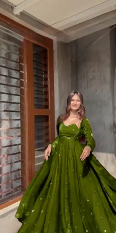 RTC 5937 Mehandi Fendy silk Gown with Lace Work. Wedding, Party, Festive, Events Get it for ₹2149. Delivery 4-6 Working Days. Shop now. | Bollywood Gowns, Creative Gowns, Designer Gowns, Embroidered Gowns, Gowns, Party Wear Gowns