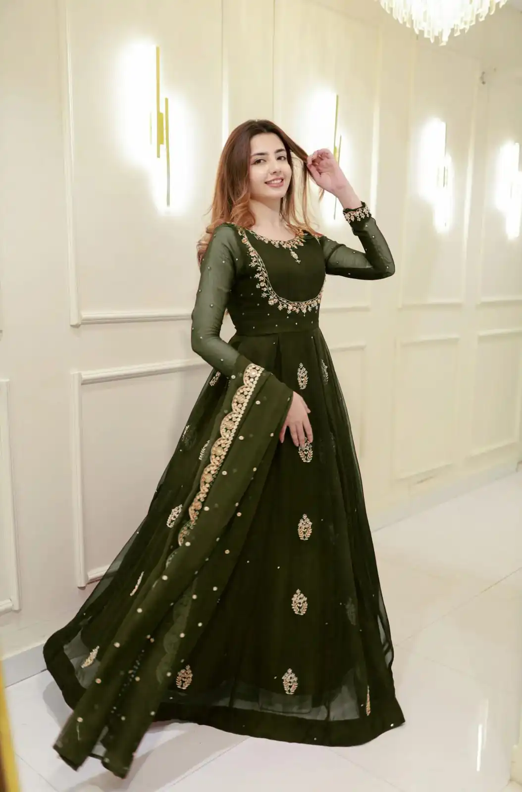 LG 2006 Mehendi Georgette Gown Perfect for Wedding, Party, Engagement, Diwali, Sangeet . Exclusive Offer ₹1999. Delivery 4-6 Working Days. Shop now. | Bollywood Gowns, Creative Gowns, Designer Gowns, Embroidered Gowns, Gowns, Party Wear Gowns