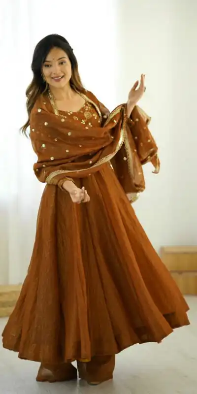 SRK 5290 Mustered Crunchy Silk Gown Perfect for Wedding, Party, Pongal, Traditional Day, Reception Get it for ₹1999. Delivery 4-6 Working Days. Shop now. | Bollywood Gowns, Creative Gowns, Designer Gowns, Embroidered Gowns, Gowns, Party Wear Gowns