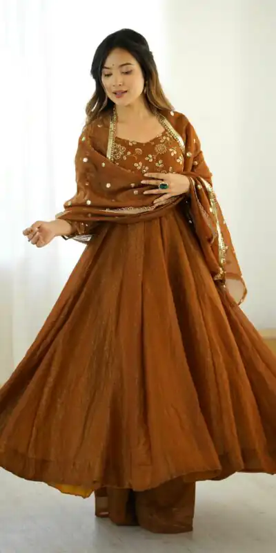 SRK 5290 Mustered Crunchy Silk Gown Perfect for Wedding, Party, Pongal, Traditional Day, Reception Get it for ₹1999. Delivery 4-6 Working Days. Shop now. | Bollywood Gowns, Creative Gowns, Designer Gowns, Embroidered Gowns, Gowns, Party Wear Gowns