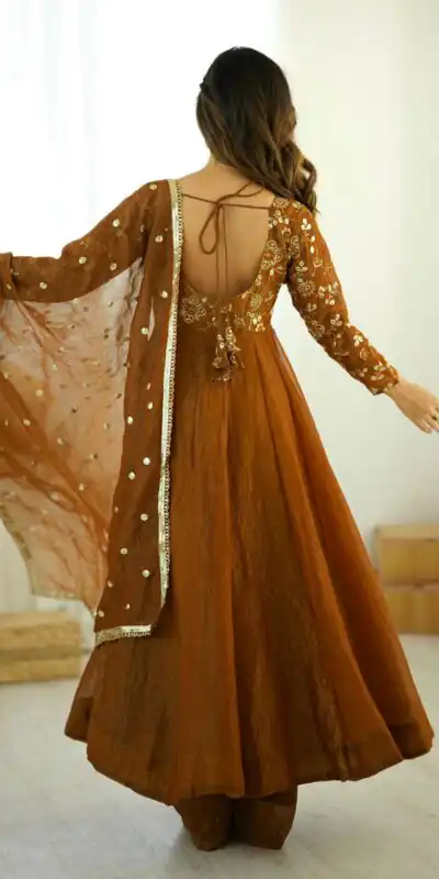 SRK 5290 Mustered Crunchy Silk Gown Perfect for Wedding, Party, Pongal, Traditional Day, Reception Get it for ₹1999. Delivery 4-6 Working Days. Shop now. | Bollywood Gowns, Creative Gowns, Designer Gowns, Embroidered Gowns, Gowns, Party Wear Gowns