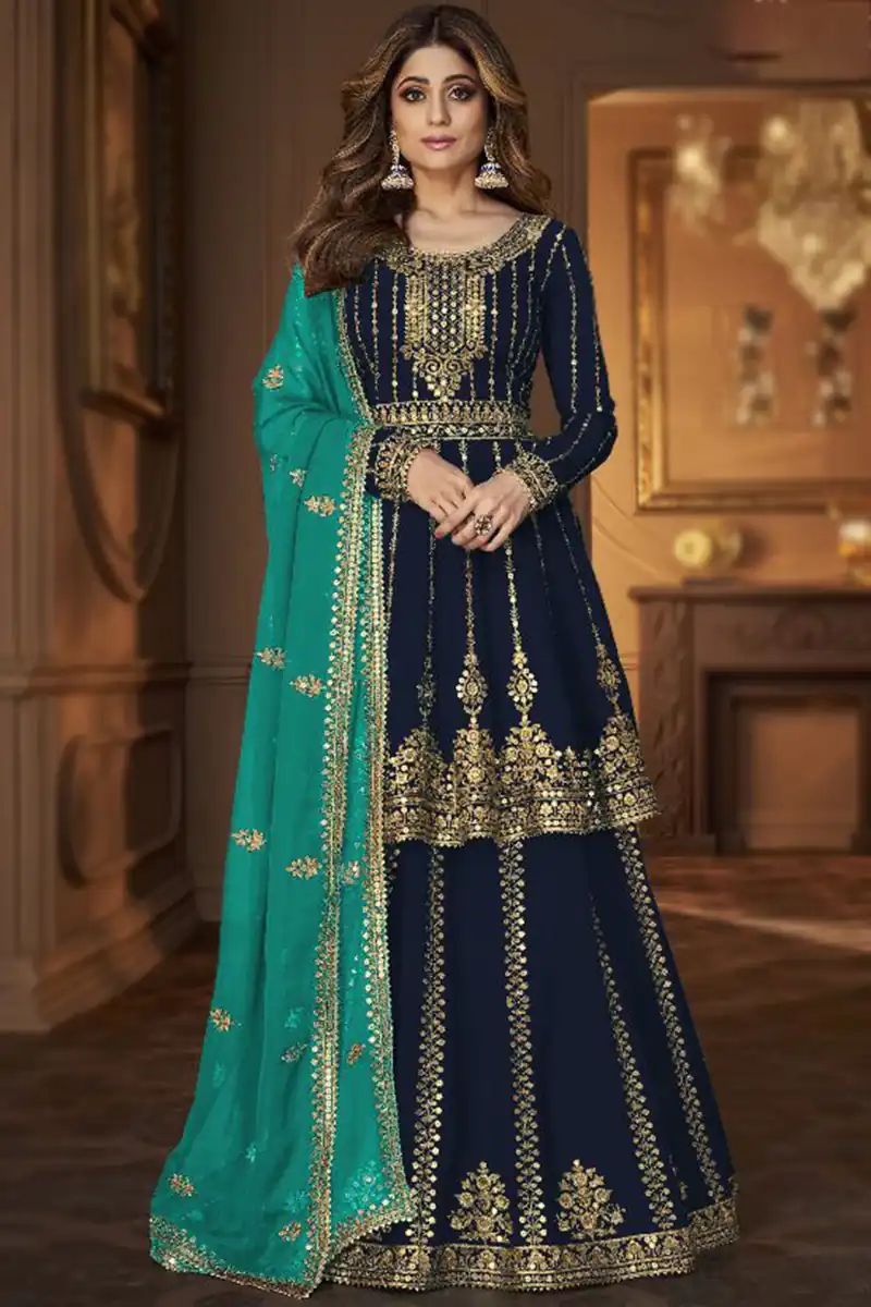 DS A 9125 Navy Blue Faux Georgette Salwar Suit with Embroidery Work. Special Price ₹2599. Delivery 4-6 Working Days. Shop now. | Designer Suits, Jump Suits, Tops & Bottoms, Track Suits, Trendy Wear, Casual Suits, Creative suits, Palazzo Suits, Party Wear Suits, Patiala Suits, Salwar suit, Straight Suits