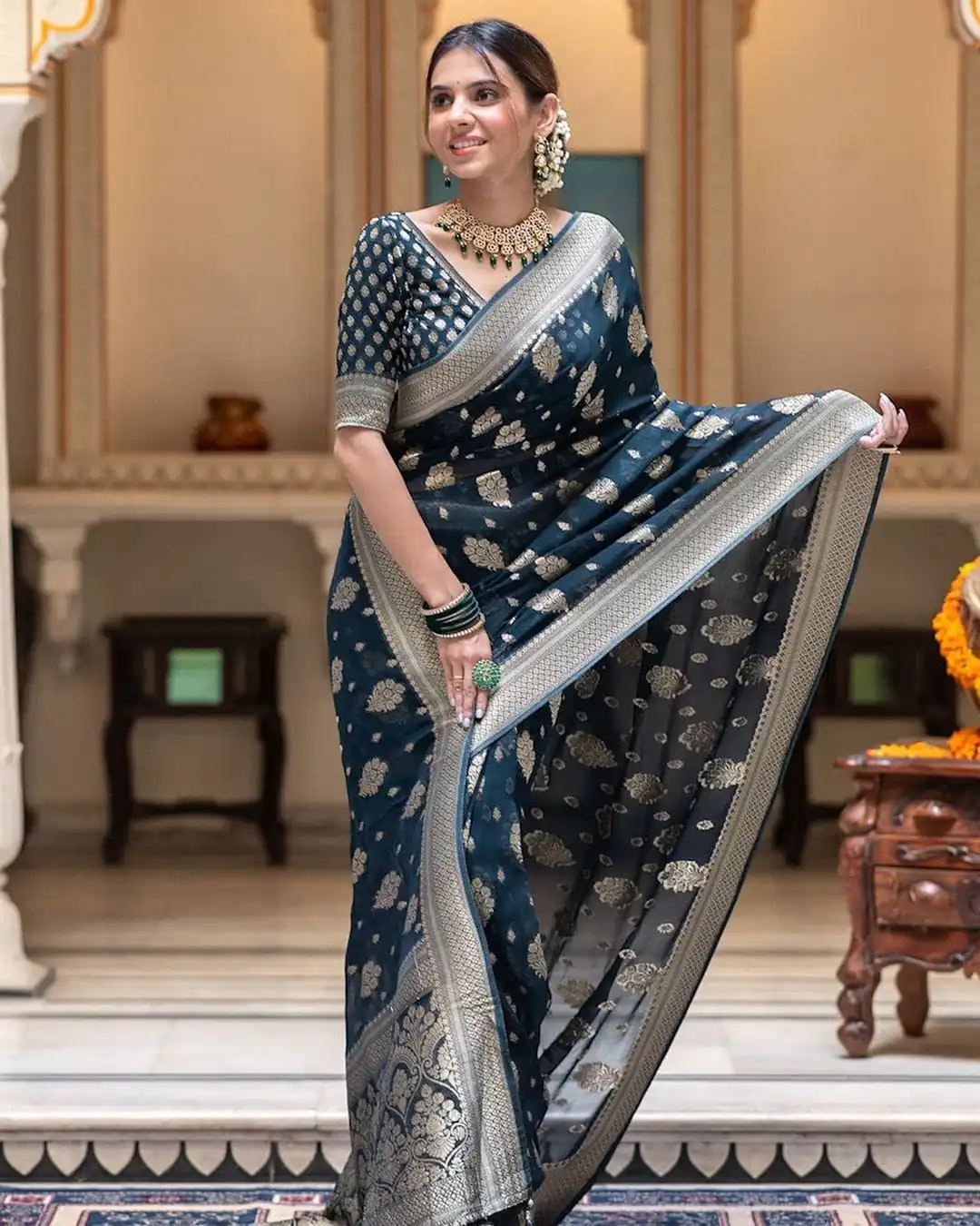 KPR 190 Navy Blue Soft Lichi Silk Jacquard Work Saree with Designer Work Wedding, Party, Festive, Events, Deal ₹1399. Delivery 4-6 Working Days. Shop now. | Bollywood Sarees, Creative Sarees, Designer Sarees, Embroidered Sarees, Ethnic Saree, Modern Digital sarees, Party Wear Sarees, Sarees