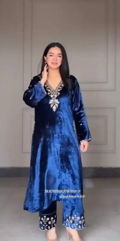 LG 2025 Navy Blue Velvet Salwar Suit with Embroidery Work & Lace Work. Exclusive Offer ₹1899. Delivery 4-6 Working Days. Shop now. | Designer Suits, Jump Suits, Tops & Bottoms, Track Suits, Trendy Wear, Casual Suits, Creative suits, Palazzo Suits, Party Wear Suits, Patiala Suits, Salwar suit, Straight Suits