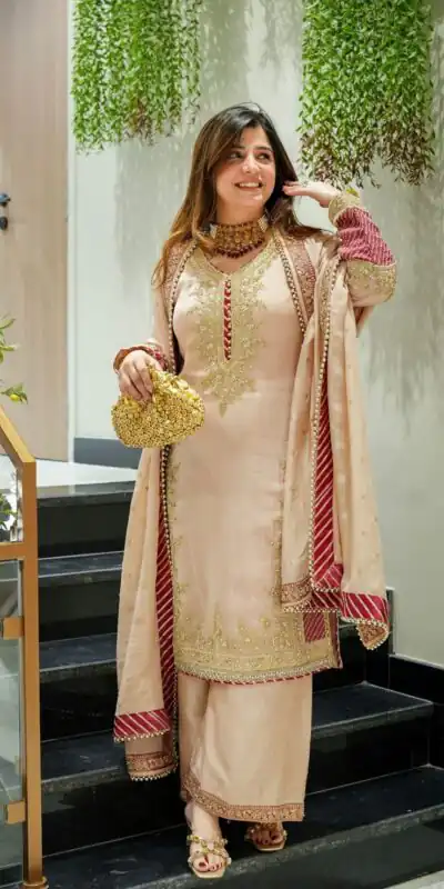 VLM 298 Peach Chinon Silk Salwar Suit Perfect for Wedding, Party, Holi, Onam, Karwa Chauth – . Get it for ₹2149. Delivery 4-6 Working Days. Shop now. | Designer Suits, Jump Suits, Tops & Bottoms, Track Suits, Trendy Wear, Casual Suits, Creative suits, Palazzo Suits, Party Wear Suits, Patiala Suits, Salwar suit, Straight Suits