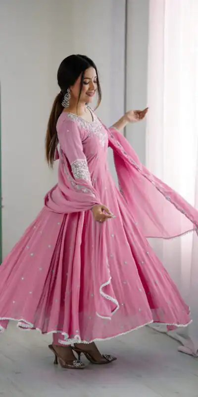 ZF 5012 Pink Blooming Faux Gown with Embroidery Work. Wedding, Party, Festive, Events Grab it for ₹2149. Delivery 4-6 Working Days. Shop now. | Bollywood Lehenga, Creative Lehenga, Designer Lehenga, Embroidered Lehenga, Lehenga, Party Wear Lehenga