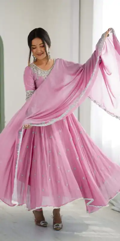 ZF 5012 Pink Blooming Faux Gown with Embroidery Work. Wedding, Party, Festive, Events Grab it for ₹2149. Delivery 4-6 Working Days. Shop now. | Bollywood Lehenga, Creative Lehenga, Designer Lehenga, Embroidered Lehenga, Lehenga, Party Wear Lehenga