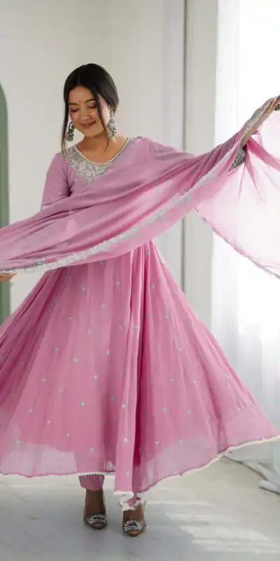 ZF 5012 Pink Blooming Faux Gown with Embroidery Work. Wedding, Party, Festive, Events Grab it for ₹2149. Delivery 4-6 Working Days. Shop now. | Bollywood Lehenga, Creative Lehenga, Designer Lehenga, Embroidered Lehenga, Lehenga, Party Wear Lehenga