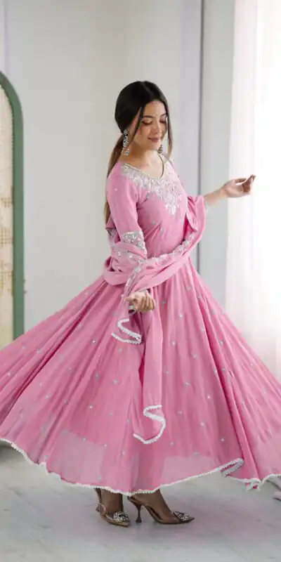 ZF 5012 Pink Blooming Faux Gown with Embroidery Work. Wedding, Party, Festive, Events Grab it for ₹2149. Delivery 4-6 Working Days. Shop now. | Bollywood Lehenga, Creative Lehenga, Designer Lehenga, Embroidered Lehenga, Lehenga, Party Wear Lehenga