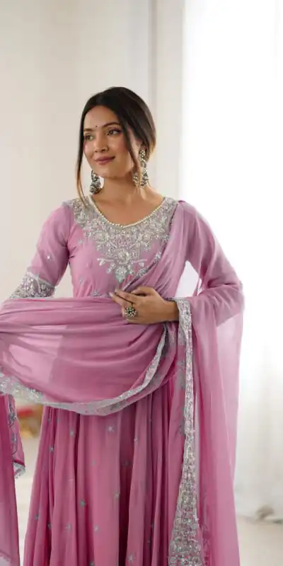 ZF 5012 Pink Blooming Faux Gown with Embroidery Work. Wedding, Party, Festive, Events Grab it for ₹2149. Delivery 4-6 Working Days. Shop now. | Bollywood Lehenga, Creative Lehenga, Designer Lehenga, Embroidered Lehenga, Lehenga, Party Wear Lehenga