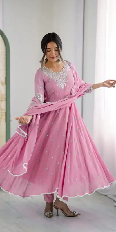 ZF 5012 Pink Blooming Faux Gown with Embroidery Work. Wedding, Party, Festive, Events Grab it for ₹2149. Delivery 4-6 Working Days. Shop now. | Bollywood Lehenga, Creative Lehenga, Designer Lehenga, Embroidered Lehenga, Lehenga, Party Wear Lehenga