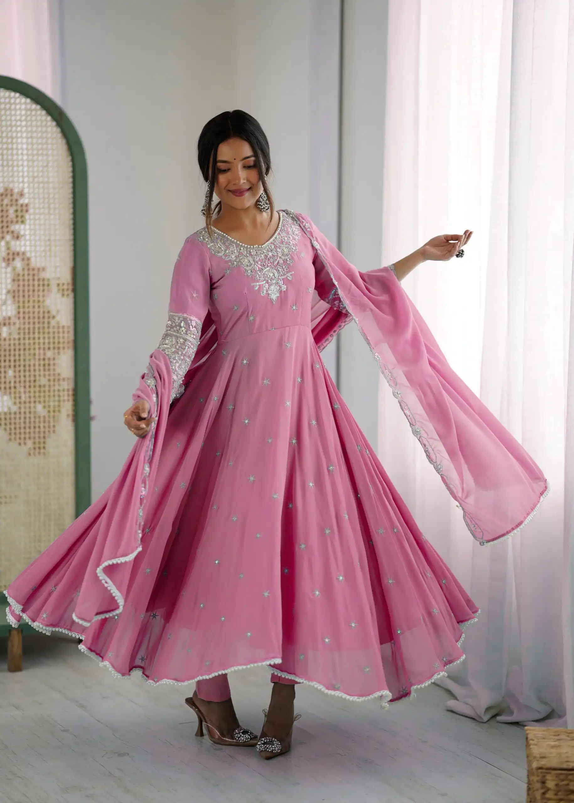 ZF 5012 Pink Blooming Faux Gown with Embroidery Work. Wedding, Party, Festive, Events Grab it for ₹2149. Delivery 4-6 Working Days. Shop now. | Bollywood Lehenga, Creative Lehenga, Designer Lehenga, Embroidered Lehenga, Lehenga, Party Wear Lehenga