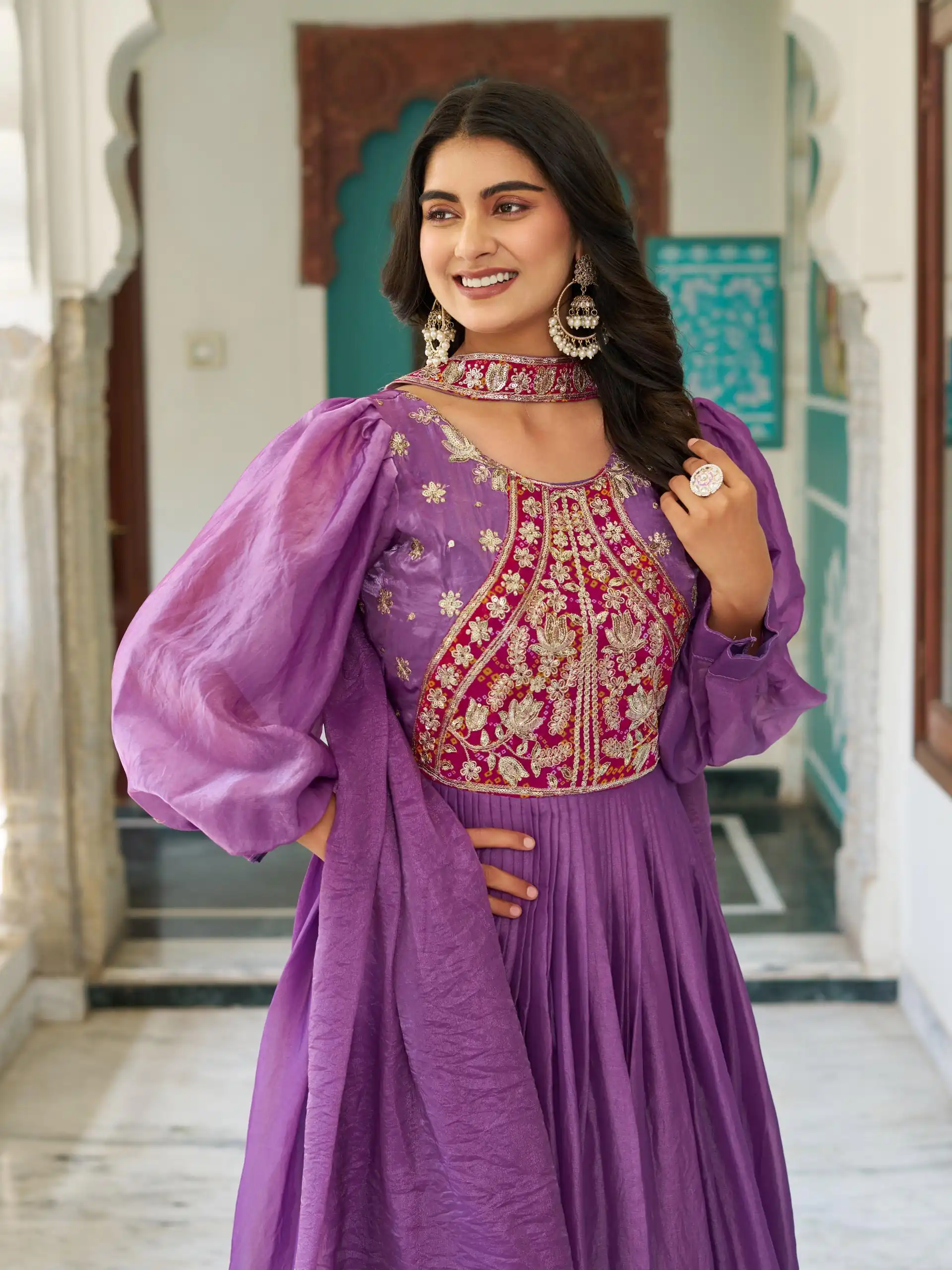 Ram 146 Purple Fendy Silk Gown With Embroidery Work. Special Price ₹2049. Wedding, Party, Festive, Events, Delivery 4-6 Working Days. Shop now. | Bollywood Gowns, Creative Gowns, Designer Gowns, Embroidered Gowns, Gowns, Party Wear Gowns