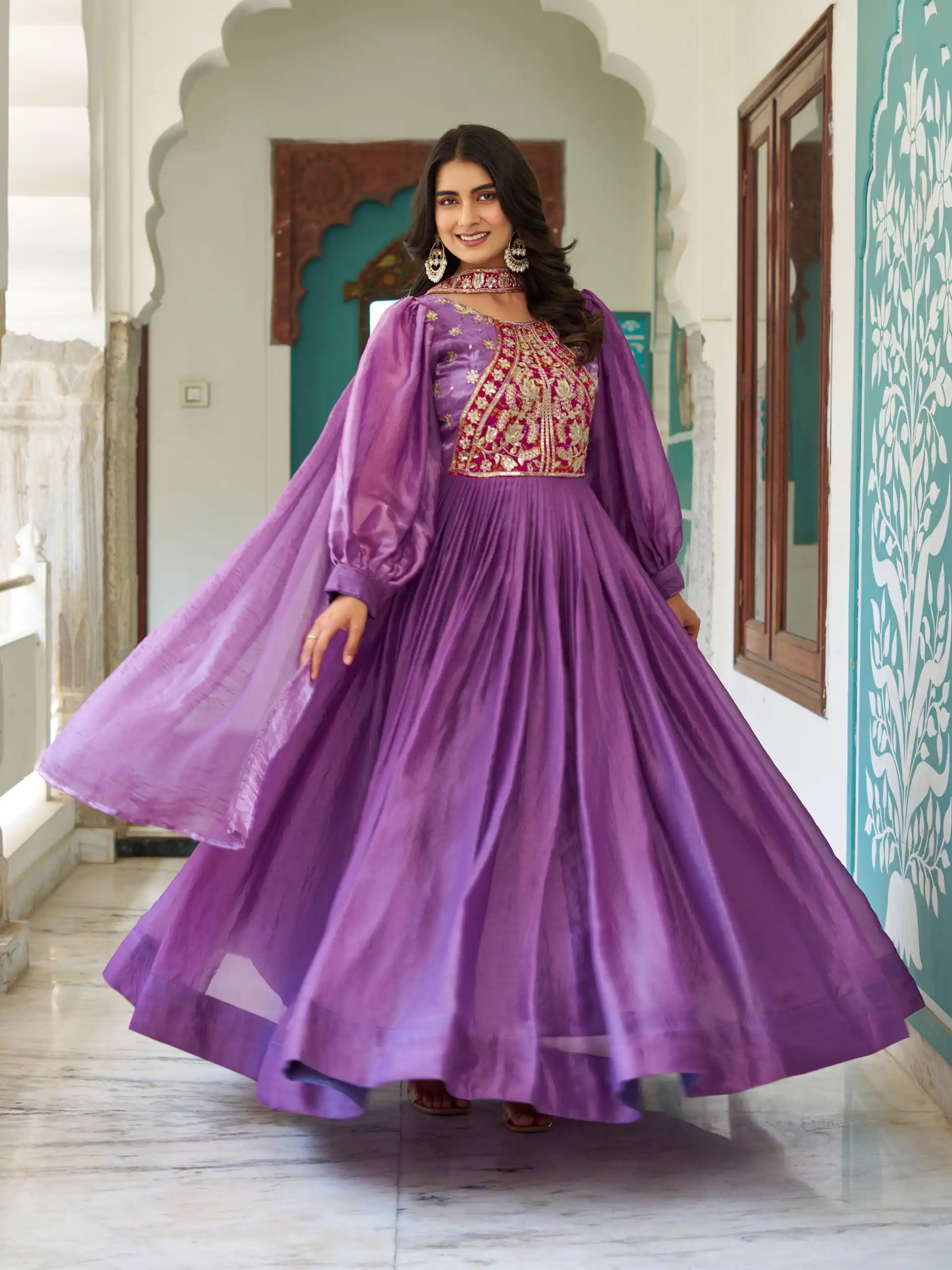 Ram 146 Purple Fendy Silk Gown With Embroidery Work. Special Price ₹2049. Wedding, Party, Festive, Events, Delivery 4-6 Working Days. Shop now. | Bollywood Gowns, Creative Gowns, Designer Gowns, Embroidered Gowns, Gowns, Party Wear Gowns