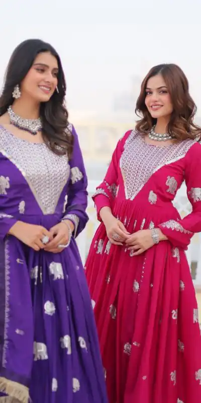 Ram 062 Purple Fox Georgette Gown Perfect for Wedding, Party, Family Gatherings, Durga Puja, Eid – . Festive Deal ₹1799. Delivery 4-6 Working Days. Shop no | Bollywood Gowns, Creative Gowns, Designer Gowns, Embroidered Gowns, Gowns, Party Wear Gowns