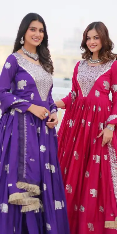 Ram 062 Purple Fox Georgette Gown Perfect for Wedding, Party, Family Gatherings, Durga Puja, Eid – . Festive Deal ₹1799. Delivery 4-6 Working Days. Shop no | Bollywood Gowns, Creative Gowns, Designer Gowns, Embroidered Gowns, Gowns, Party Wear Gowns