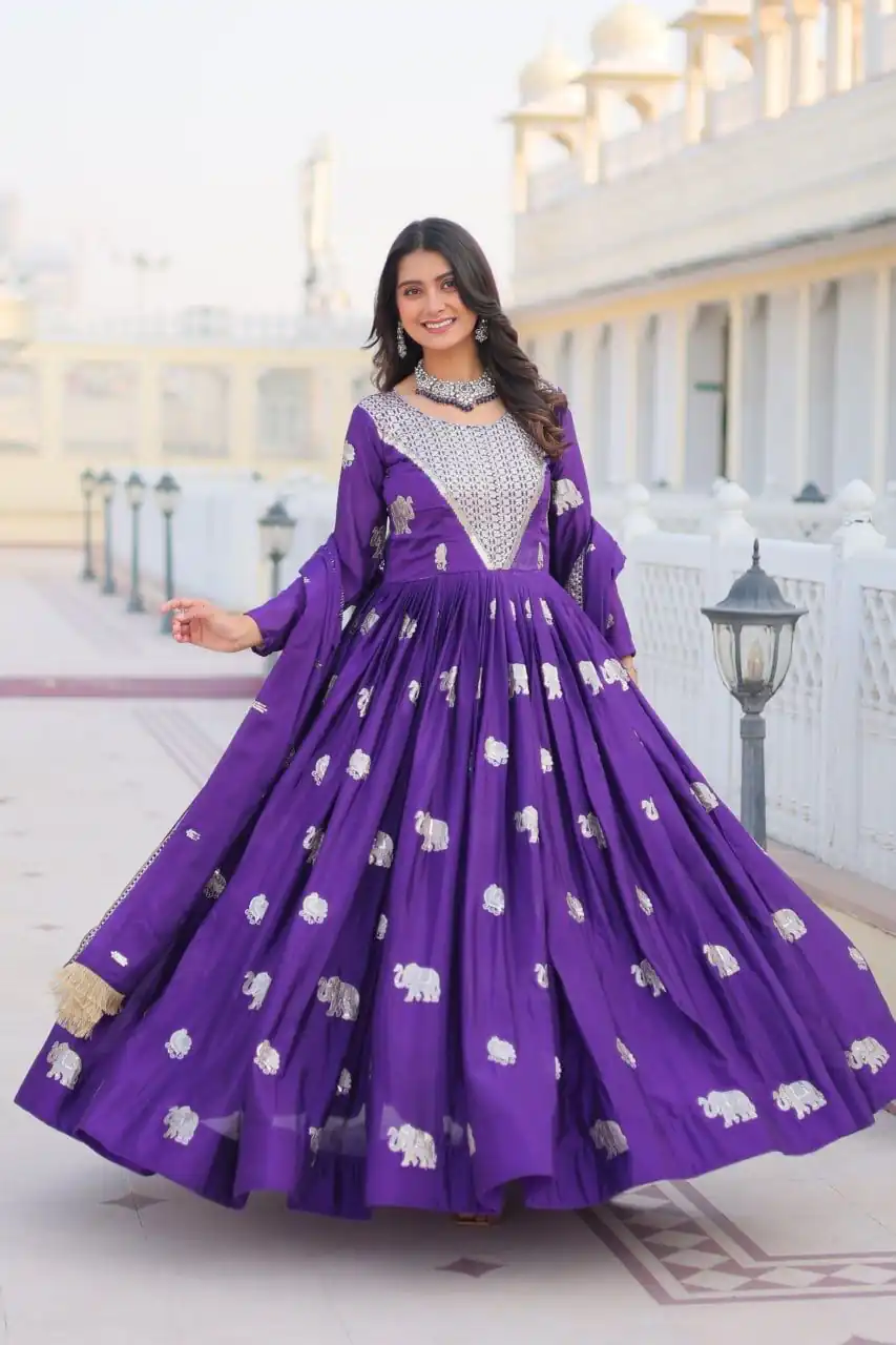 Ram 062 Purple Fox Georgette Gown Perfect for Wedding, Party, Family Gatherings, Durga Puja, Eid – . Festive Deal ₹1799. Delivery 4-6 Working Days. Shop no | Bollywood Gowns, Creative Gowns, Designer Gowns, Embroidered Gowns, Gowns, Party Wear Gowns