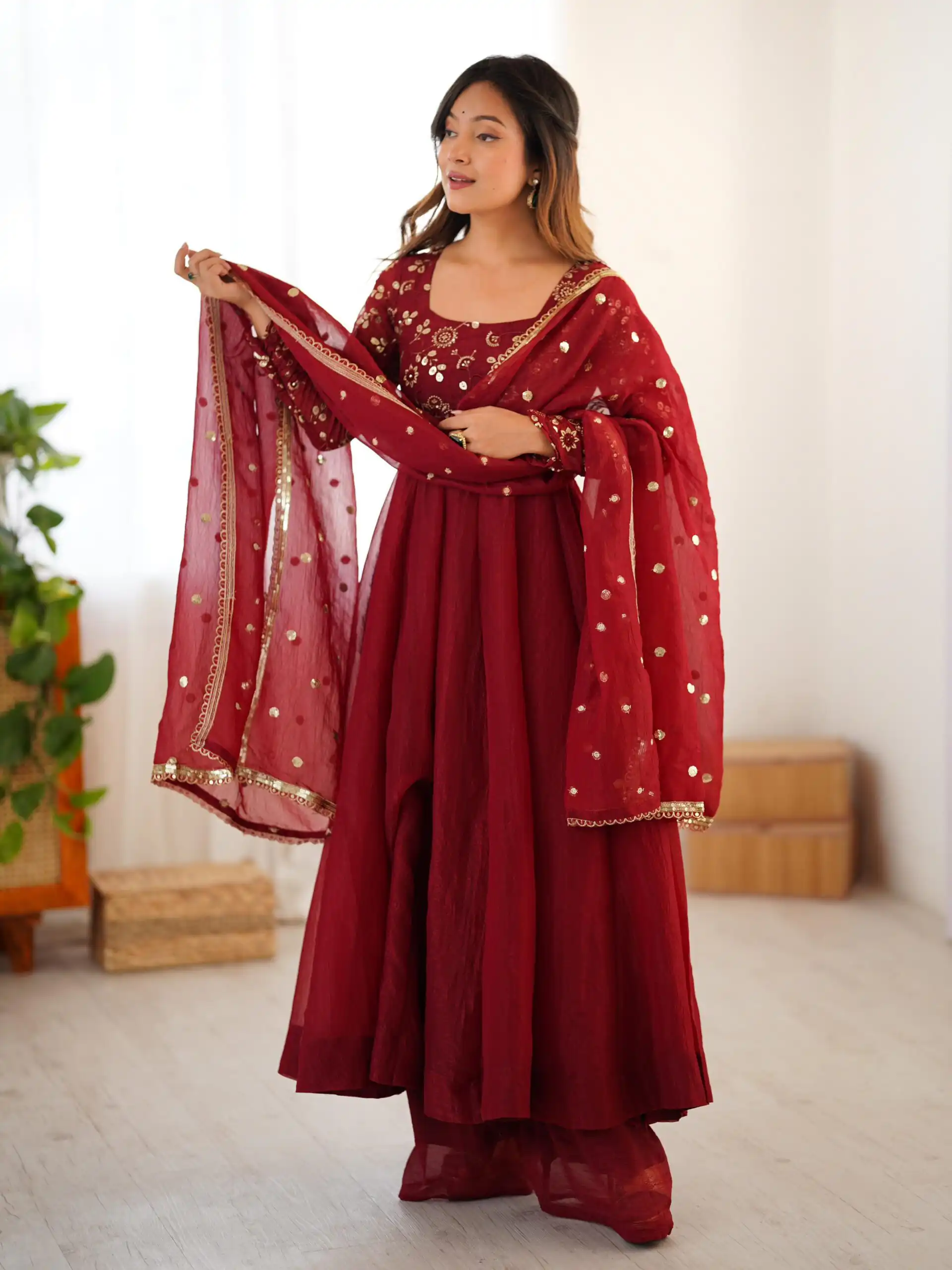 SRK 5290 Red Crunchy Silk Gown Perfect for Wedding, Party, Pongal, Traditional Day, Reception – . Get it for ₹1999. Delivery 4-6 Working Days. Shop now. | Bollywood Gowns, Creative Gowns, Designer Gowns, Embroidered Gowns, Gowns, Party Wear Gowns