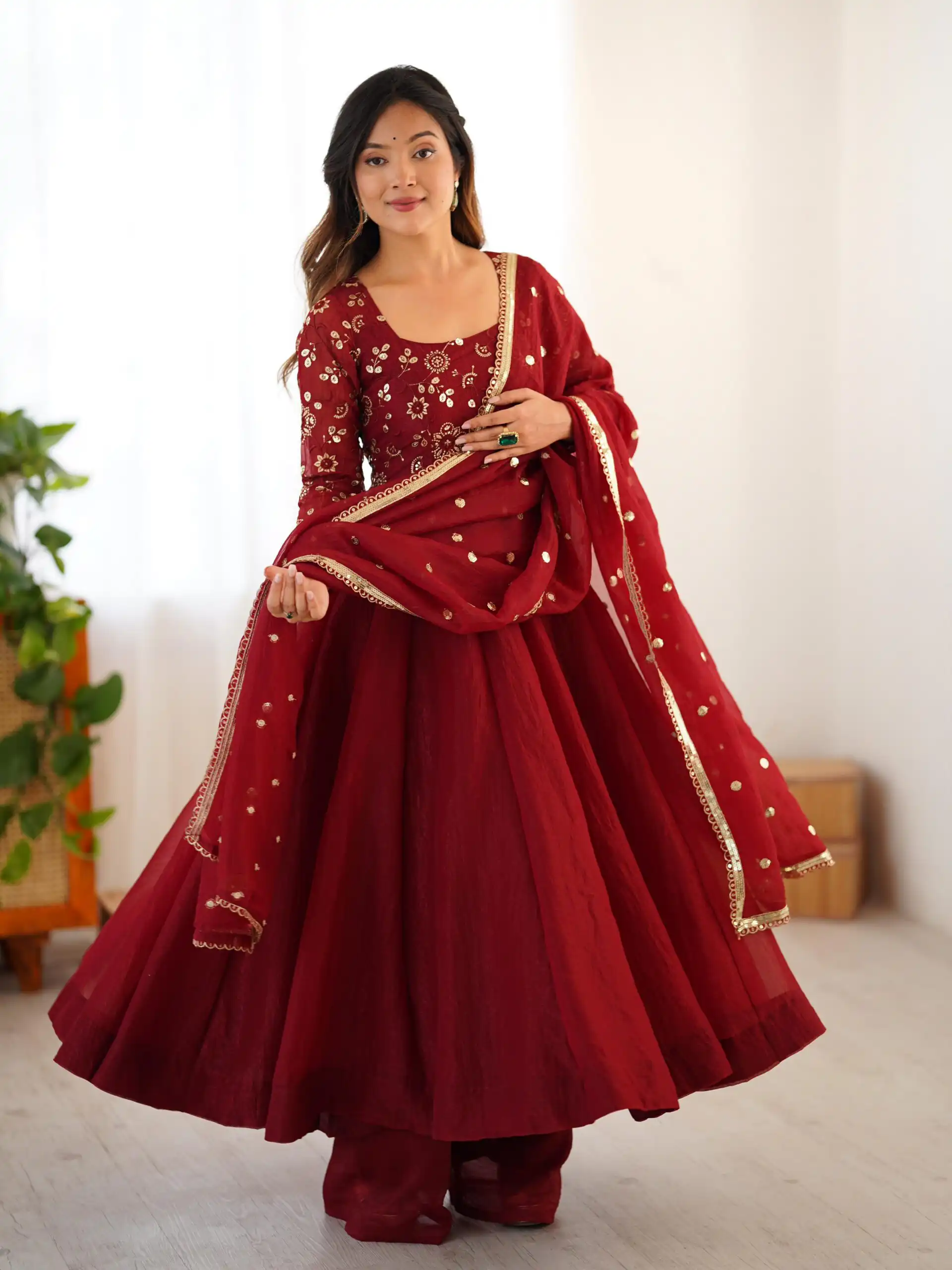 SRK 5290 Red Crunchy Silk Gown Perfect for Wedding, Party, Pongal, Traditional Day, Reception – . Get it for ₹1999. Delivery 4-6 Working Days. Shop now. | Bollywood Gowns, Creative Gowns, Designer Gowns, Embroidered Gowns, Gowns, Party Wear Gowns