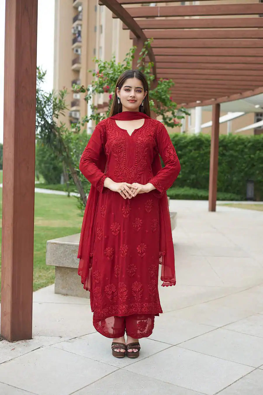 BE 370 Red Faux Georgette Salwar Suit with Lace Work & Embroidery Work. Festive Deal ₹1949. Delivery 4-6 Working Days. Shop now. | Designer Suits, Jump Suits, Casual Suits, Creative suits, Palazzo Suits, Party Wear Suits, Patiala Suits, Salwar suit, Straight Suits