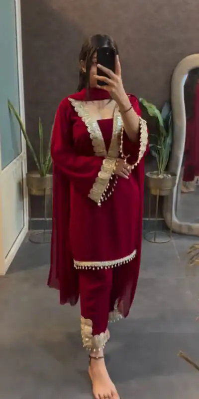 SRK 5306 Red Faux Georgette Salwar Suit with Lace Work & Embroidery Work. Special Price ₹1899. Delivery 4-6 Working Days. Shop now. | Bollywood Lehenga, Creative Lehenga, Designer Lehenga, Embroidered Lehenga, Lehenga, Party Wear Lehenga