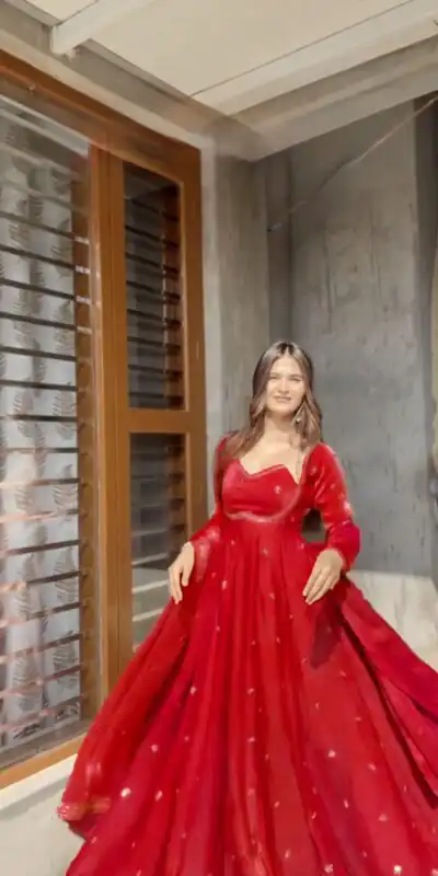 RTC 5937 Red Fendy silk Gown with Lace Work. Wedding, Party, Festive, Events Get it for ₹2149. Delivery 4-6 Working Days. Shop now. | Bollywood Gowns, Creative Gowns, Designer Gowns, Embroidered Gowns, Gowns, Party Wear Gowns