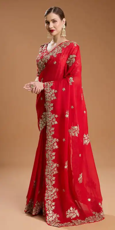 BT 1301 Red Rangoli Silk Saree with Sequins Work & Embroidery Work. Now at just ₹1999. Delivery 4-6 Working Days. Shop now. | Bollywood Sarees, Creative Sarees, Designer Sarees, Embroidered Sarees, Ethnic Saree, Modern Digital sarees, Party Wear Sarees, Sarees