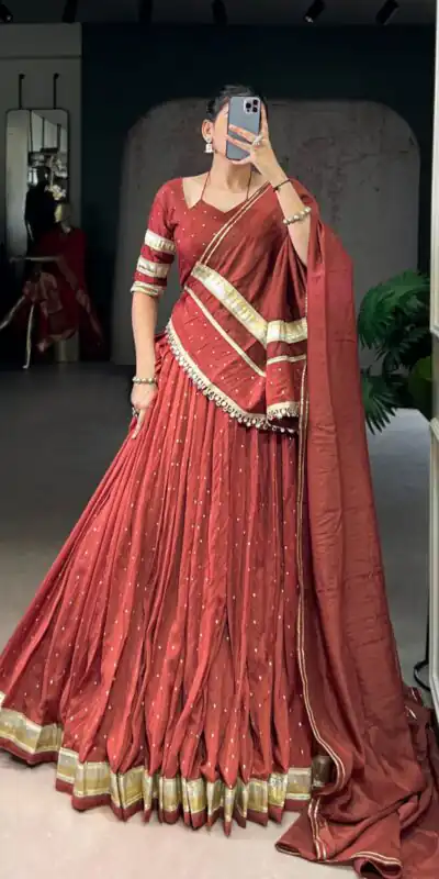 LNB 1664 Rust Pure Chanderi Lehenga Choli Perfect for Wedding, Party, Family Gatherings, Festival Celebrations, Grab it for ₹2999. Delivery 4-6 Days | Bollywood Lehenga, Creative Lehenga, Designer Lehenga, Embroidered Lehenga, Lehenga, Party Wear Lehenga