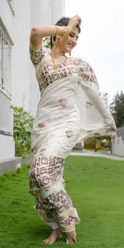 BT 428 White Soft Linen Cotton Saree with Digital Print & Lace Work. Festive Deal ₹1449. Delivery 4-6 Working Days. Shop now. | Bollywood Sarees, Creative Sarees, Designer Sarees, Embroidered Sarees, Ethnic Saree, Modern Digital sarees, Party Wear Sarees, Sarees