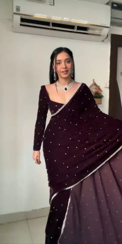 BD 1798 Wine Velvet 9000 with Revert Machine Pearl Work Saree Designer Work. Get it for ₹2049. Delivery 4-6 Working Days. Shop now. | Bollywood Sarees, Creative Sarees, Designer Sarees, Embroidered Sarees, Ethnic Saree, Modern Digital sarees, Party Wear Sarees, Sarees