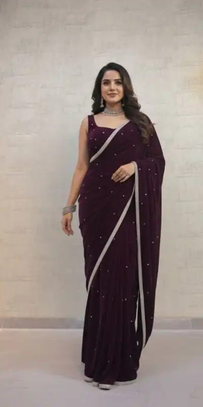 BD 1798 Wine Velvet 9000 with Revert Machine Pearl Work Saree Designer Work. Get it for ₹2049. Delivery 4-6 Working Days. Shop now. | Bollywood Sarees, Creative Sarees, Designer Sarees, Embroidered Sarees, Ethnic Saree, Modern Digital sarees, Party Wear Sarees, Sarees