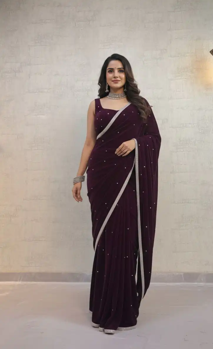 BD 1798 Wine Velvet 9000 with Revert Machine Pearl Work Saree Designer Work. Get it for ₹2049. Delivery 4-6 Working Days. Shop now. | Bollywood Sarees, Creative Sarees, Designer Sarees, Embroidered Sarees, Ethnic Saree, Modern Digital sarees, Party Wear Sarees, Sarees
