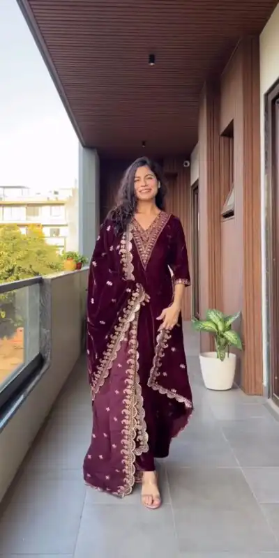 LG 2023 Wine Velvet Salwar Suit with Embroidery Work. Wedding, Party, Festive, Events Get it for ₹2029. Delivery 4-6 Working Days. Shop now. | Designer Suits, Jump Suits, Tops & Bottoms, Track Suits, Trendy Wear, Casual Suits, Creative suits, Palazzo Suits, Party Wear Suits, Patiala Suits, Salwar suit, Straight Suits