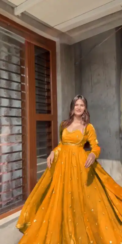 RTC 5937 Yellow Fendy silk Gown with Lace Work. Wedding, Party, Festive, Events Get it for ₹2149. Delivery 4-6 Working Days. Shop now. | Bollywood Gowns, Creative Gowns, Designer Gowns, Embroidered Gowns, Gowns, Party Wear Gowns