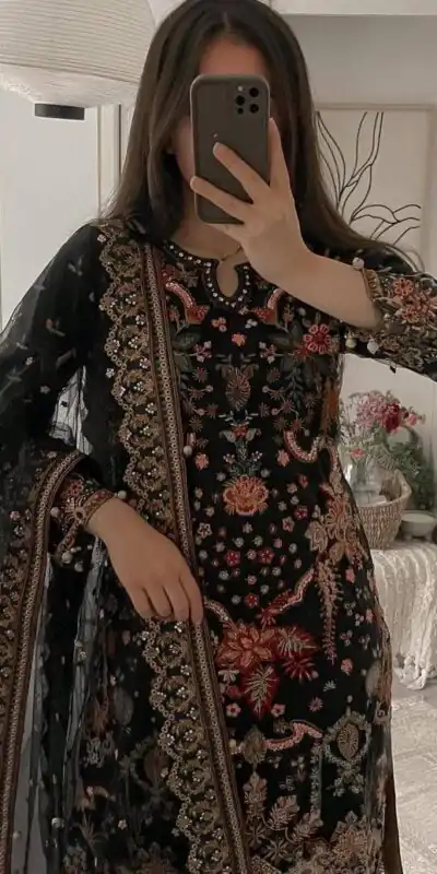 ST 169 Black in Faux Georgette Designer Work Salwar Suit . Wedding, Party, Festive, Events, Get it for ₹2049. Delivery 4-6 Working Days. Shop now. | Jump Suits, Straight Suits, Tops & Bottoms, Track Suits, Trendy Wear, Casual Suits, Creative suits, Designer Suits, Palazzo Suits, Party Wear Suits, Patiala Suits, Salwar suit