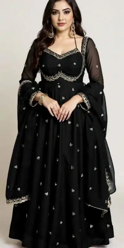 MF 1003 Black Georgette Gown. Perfect for Wedding, Party, Pongal, Bridal Wear, Anniversary – Affordable Price ₹1799. Delivery 4-6 Working Days. Shop now. | Bollywood Gowns, Creative Gowns, Designer Gowns, Embroidered Gowns, Gowns, Party Wear Gowns