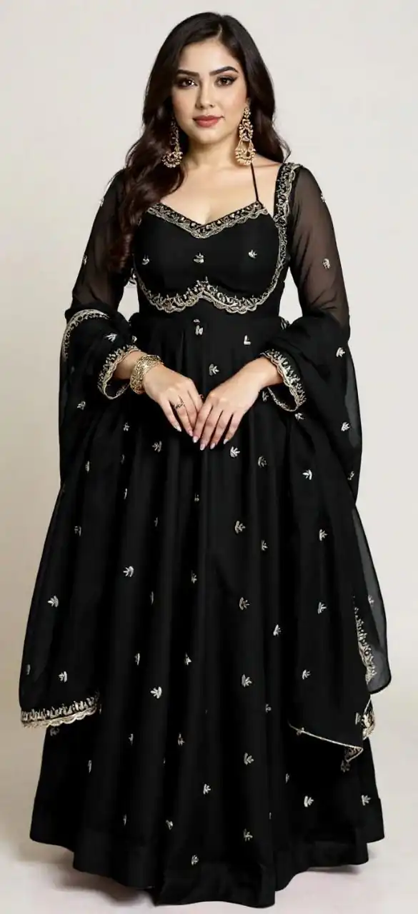 MF 1003 Black Georgette Gown. Perfect for Wedding, Party, Pongal, Bridal Wear, Anniversary – Affordable Price ₹1799. Delivery 4-6 Working Days. Shop now. | Bollywood Gowns, Creative Gowns, Designer Gowns, Embroidered Gowns, Gowns, Party Wear Gowns