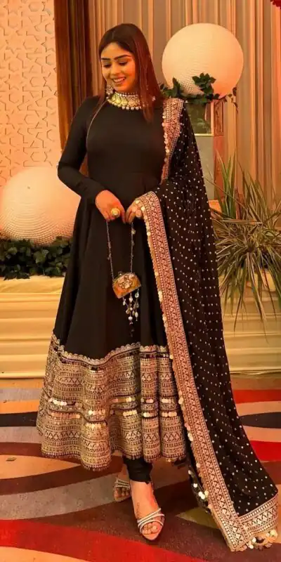 ZSR 3152 Black Color Roman silk Gown with Embroidery Work & Lace Work. Grab it for ₹2599. Delivery 4-6 Working Days. Shop now. | Bollywood Gowns, Creative Gowns, Designer Gowns, Embroidered Gowns, Gowns, Party Wear Gowns