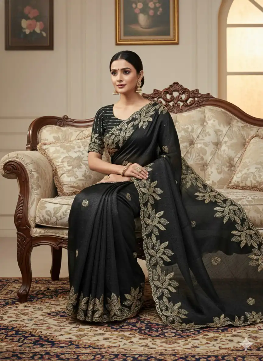JR 656 Black Soft Organza Silk Saree Perfect for Wedding, Party, Durga Puja, Baisakhi, Temple Visit – . Affordable Price ₹1799. Delivery 4-6 Working D | Bollywood Sarees, Creative Sarees, Designer Sarees, Embroidered Sarees, Ethnic Saree, Modern Digital sarees, Party Wear Sarees, Sarees