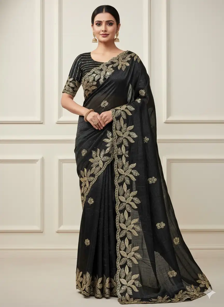 JR 656 Black Soft Organza Silk Saree Perfect for Wedding, Party, Durga Puja, Baisakhi, Temple Visit – . Affordable Price ₹1799. Delivery 4-6 Working D | Bollywood Sarees, Creative Sarees, Designer Sarees, Embroidered Sarees, Ethnic Saree, Modern Digital sarees, Party Wear Sarees, Sarees